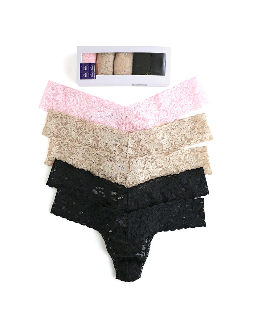 Low Rise Signature Lace Thongs - 5 Pack Black/Chai/Bliss O/S by