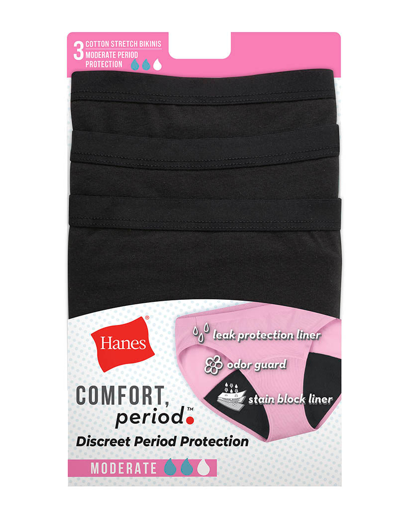 Hanes Comfort, Period. Bikini Underwear, Light Leaks, Black, 3-Pack 6  Women's
